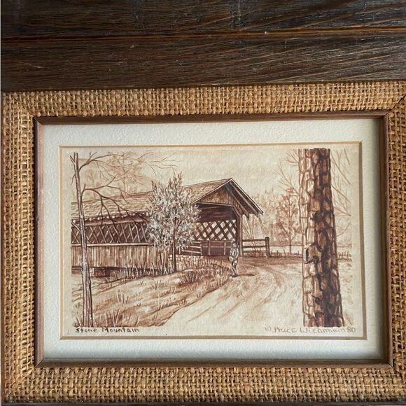 Vintage Signed Art Stone Mountain Covered Bridge 1980 Framed Wood - Picture 2 of 7